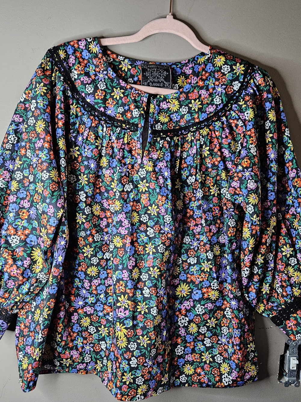Johnny Was Black Floral Blouse with Multicolor Blooms